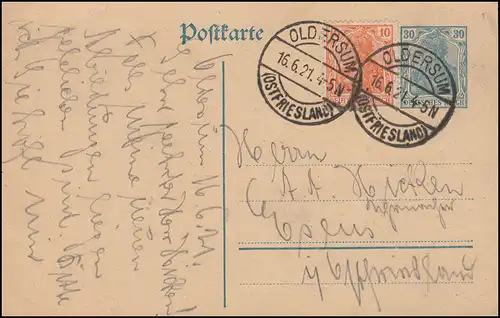 P 120 AI Germania 30 + Zusatzfr. OLDERSUM / OSTFRIESLAND 16.6.1921 nach Esens