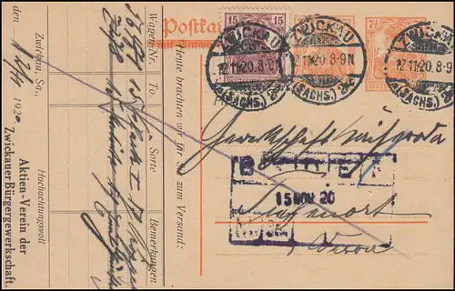 P 119 F mit Zusatzfrankatur von ZWICKAU / SACHS. 12.11.1920 nach Tiefenort/Werra