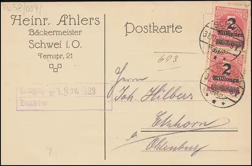 312A Infla-MeF sur carte postale SCHWEI / OLDENBURG vers Elmhorn