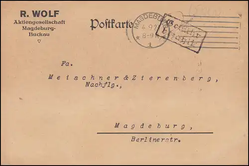 Infla-Notausgabe Gebühr-bezahlt-Stempel Orts-Postkarte MAGDEBURG 4.9.1923