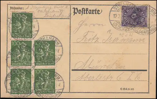 187+230 Infla-MiF auf Postkarte STOLLHAMM 12.2.1923 nach München