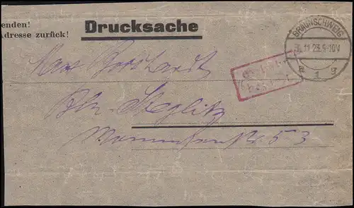 Infla-Notausgabe Gebühr-bezahlt-O Briefstück Drucksache BRAUNSCHWEIG 30.11.23
