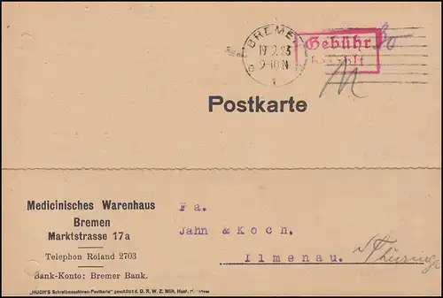 Infla-Expédition d'urgence Temple de la Poste Payé-Frais BRETAGNE 19.9.1923 vers Ilmenau