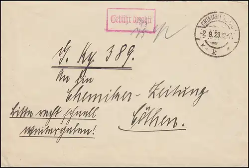 Infla-Expédition d'urgence Temple de frais-payé Carte postale CrimMITSAU 2.9.23 - Köthen