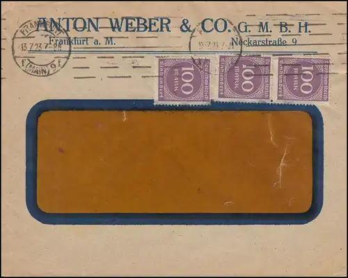 Infla-Brief mit 268 Ziffer 100 Mark als MeF auf Brief FRANKFURT / MAIN 13.7.1923