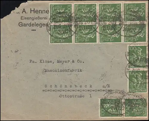 Infla-Brief mit 187 als MeF auf Brief mit Bahnpost Berlin-Hannover 21.11.1922
