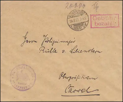 Infla-Notausgabe Gebühr-bezahlt-Stempel Brief Polizei FRANKFURT / MAIN 29.8.1923