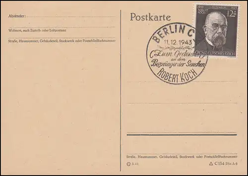 864 Robert Koch - Carte postale blanche avec SSt BERLIN Bezwinger des maladies 11.12.43
