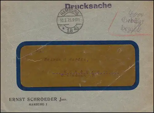 Infla-Notausgabe Gebühr-bezahlt-Stempel auf Drucksache HAMBURG 30.8.1930