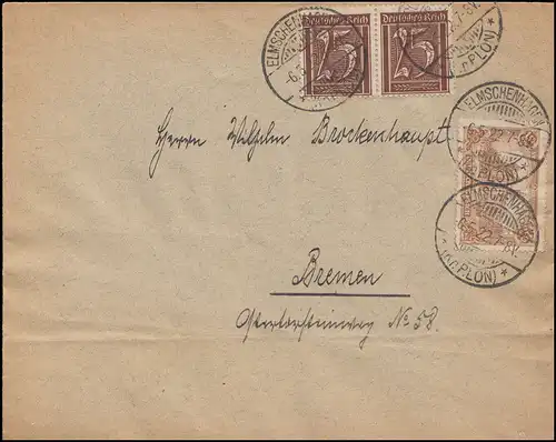 114+180 Infla-MiF auf Brief ELMSCHENHAGEN (KR. PLÖN) 6.5.1922 nach Bremen 