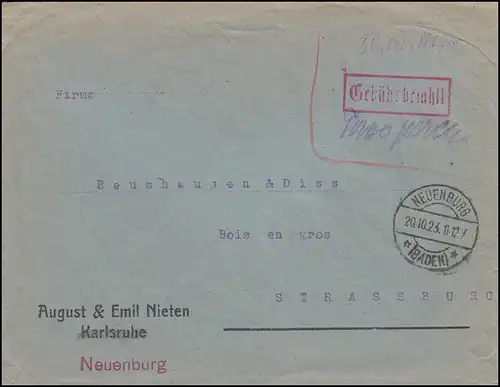 Infla-Notausgabe Gebühr-bezahlt-Stempel auf Auslandsbrief NEUENBURG 20.10.1923 