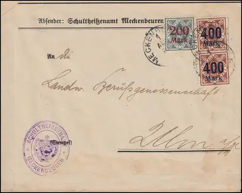 Württemberg 168+170 Dienst-MiF Bf. MECKENBEUREN 1.8.1923 nach Ulm, INFLA-geprüft