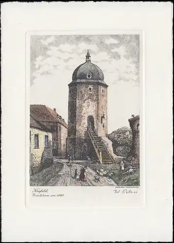 Impression d'une gravure de W. Peters: Krefeld, Evertsturm vers 1820