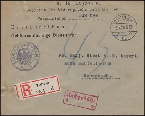 Affaire de service Reichsbrevetsamt R-Brief BERLIN 19.4.28 1920 vers Schwabach