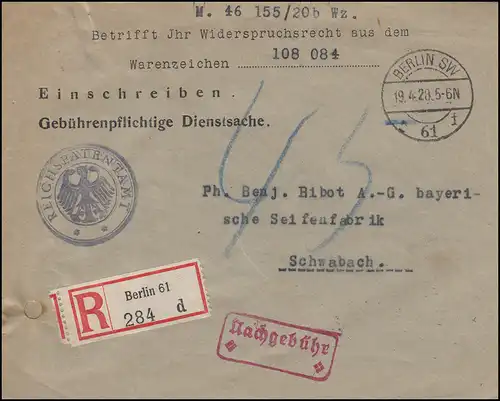 Dienstsache Reichspatentamt R-Brief BERLIN 19.4.28 1920 nach Schwabach