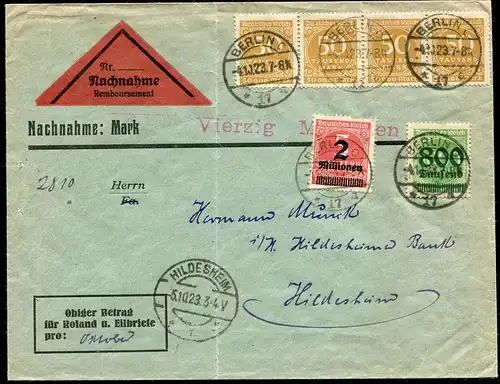 275+308+312A Infla-MiF auf NN-Brief BERLIN 4.10.1923 nach HILDESHEIM 5.10.23