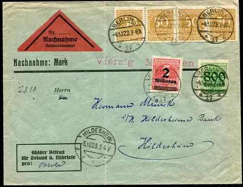 275+308+312A Infla-MiF sur la lettre NN BERLIN 4.10.1923 vers HILDESHEIM 5.10.23
