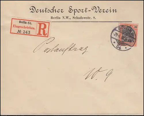 56 Germania Reichspost als EF R-Brief Deutscher Sport-Verein BERLIN 29.4.1901