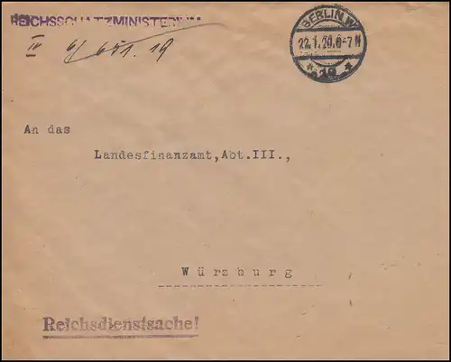 Reichsdienstsache Reichsschatzministerium Brief BERLIN 22.1.1920 nach Würzburg