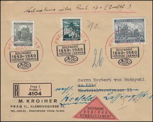 23+34+56 Freimarken auf NN-R-Brief Zweifarben-SSt PRAG Briefmarken 25.12.40