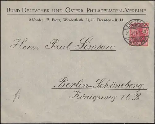145aII Germania Brief Bund Dt. und Österr. Philatelisten-Vereine DRESDEN 24.3.21
