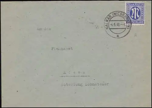 9 AM-Post 25 Pf. auf Brief von KALKAR (NIEDERRHEIN) 4.5..46 nach Kleve Finanzamt