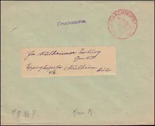 Drucksache mit rotem Einkreisstempel FEUERBACH/WÜRTT. 5.8. FRANCO nach Mühlheim