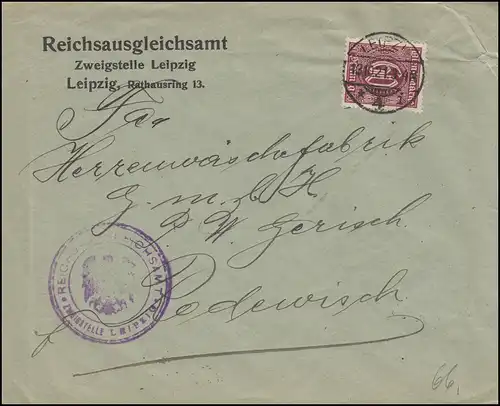 66 Dienstmarke als EF auf Dienstbrief Reichsausgleichsamt LEIPZIG 13.10.1921