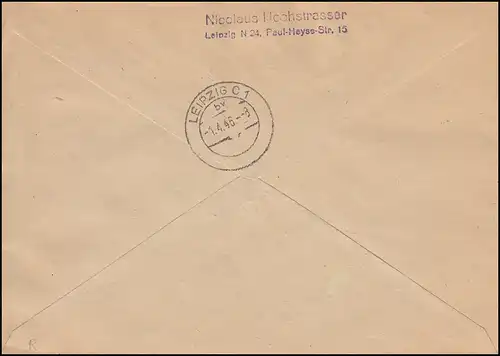 9ff SBZ-Frankatur mit AM-Post-Marke in MiF auf Orts-R-Brief LEIPZIG 31.3.1946