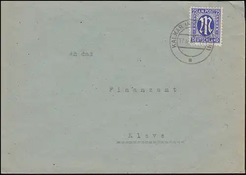 9 AM-Post 25 p. sur lettre de KALKAR (NIEDERRHEIN) 17.4.46 vers Kleve