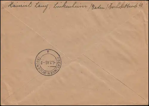 5+7+8 AM-Post als MiF auf R-Brief LINKENHEIM über KARLSRUHE 2.2.1946