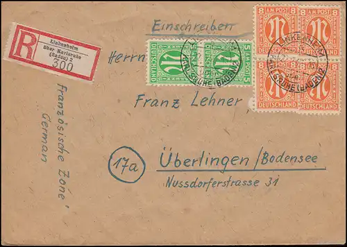 3+5 AM-Post als MiF auf R-Brief LINKENHEIM über KARLSRUHE 22.1.1946