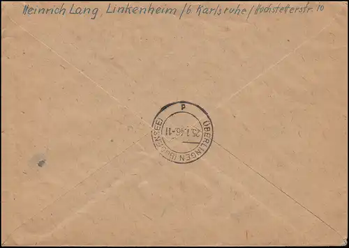 3+5 AM-Post als MiF auf R-Brief LINKENHEIM über KARLSRUHE 22.1.1946