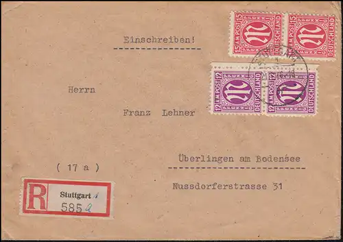 7+8 AM-Post als MiF R-Brief STUTTGART 21.1.46 nach ÜBERLINGEN (BODENSEE) 27.1.46