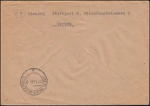 7+8 AM-Post sous le nom de MiF R-Lettre STUTTGART 21.1.46 après VERLINGEN (BODENSEE) 2.1.46