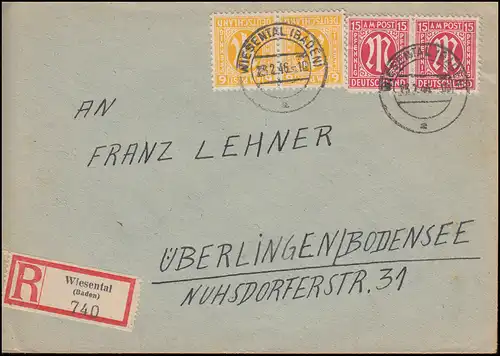 4+8 AM-Post als zwei Paare zu 6 und 15 Pf. MiF R-Brief WIESENTAL / BADEN 23.2.46