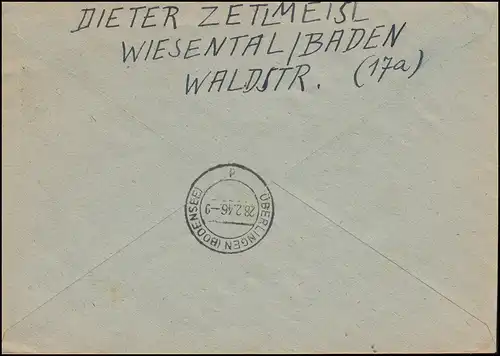 4+8 AM-Post als zwei Paare zu 6 und 15 Pf. MiF R-Brief WIESENTAL / BADEN 23.2.46