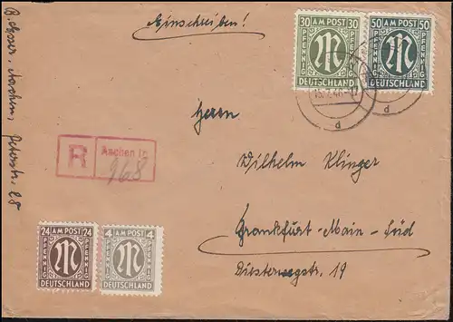 29+32 AM-Post mit Not-R-Zettel auf R-Brief AACHEN 15.7.1946 nach Frankfurt/Main