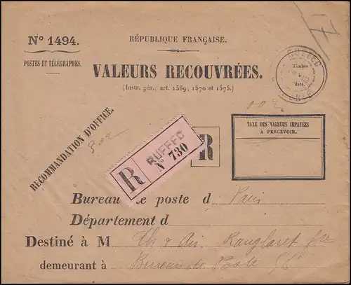 Lettre de service VALEURS RECOUVRES en tant que lettre R Not-R-Zettel RUFFEC 14.12.17