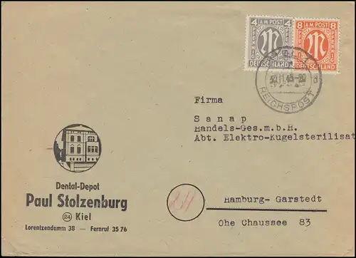 11+14 AM-Post 4+8 Pf. comme MiF sur lettre Dental-Depot Stolzenburg KIEL 30.11.1945