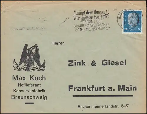 416 Hindenburg als EF auf Brief Max Koch Konservenfrabrik BRAUNSCHWEIG 19.2.1932
