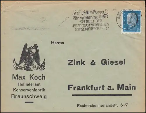 416 Hindenburg comme EF sur lettre Max Koch Konservenfrabrik BRUNSCHWEIG 19.2.1932