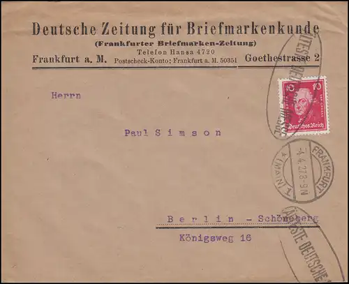 390 als EF auf Brief Deutsche Zeitung für Briefmarkenkunde FRANKFURT/M. 4.4.27