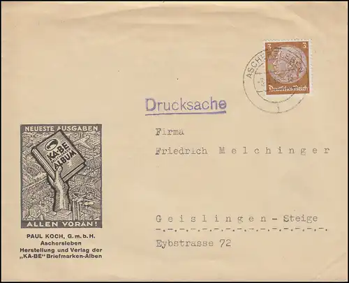 513X Hindenburg als EF Paul Koch KABE-Briefmarken-Alben ASCHERSLEBEN 3.8.36