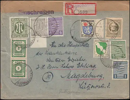 73ff SBZ-Frankatur + Franz. Zone + AM-Post als MiF R-Brief SANGERHAUSEN 9.6.1946