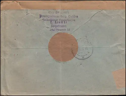 73ff SBZ-Frankatur + Franz. Zone + AM-Post sous le nom de MiF R-Lettre SANGERHAUSEN 9.6.1946