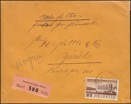 Schweiz 323 Arbeiterorganisation BIT 60 C. als EF auf Wert-Brief GENF 20.10.1940