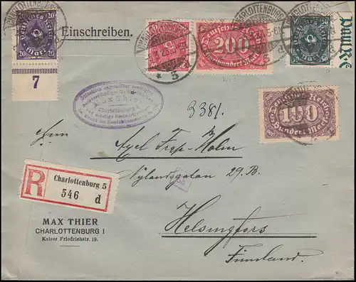 209ff Infla-Mischfrankatur auf R-Brief CHARLOTTENBURG 5.3.1923, INFLA-geprüft