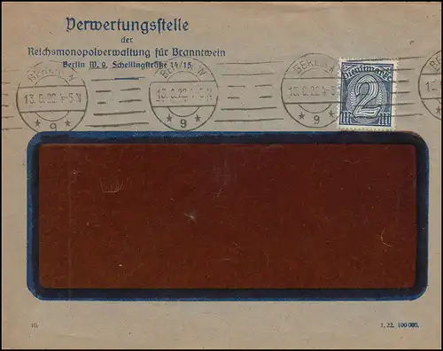 32 Dienstmarke 2 M. als EF auf Brief Verwertungsstelle Branntwein BERLIN 13.6.22