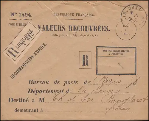 Dienstbrief VALEURS RECOUVREES als R-Brief Not-R-Zettel LIBOURNE 18.1.1915
